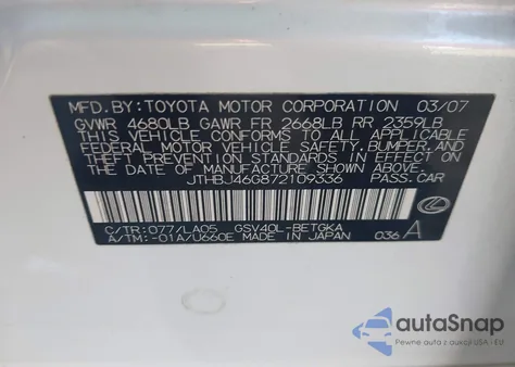 2007 Lexus Es 350 z USA, uszkodzony, nr VIN JTHBJ46G872109336